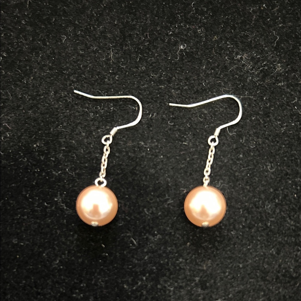 Pink Round Pearl Silver Drop Earrings 10mm